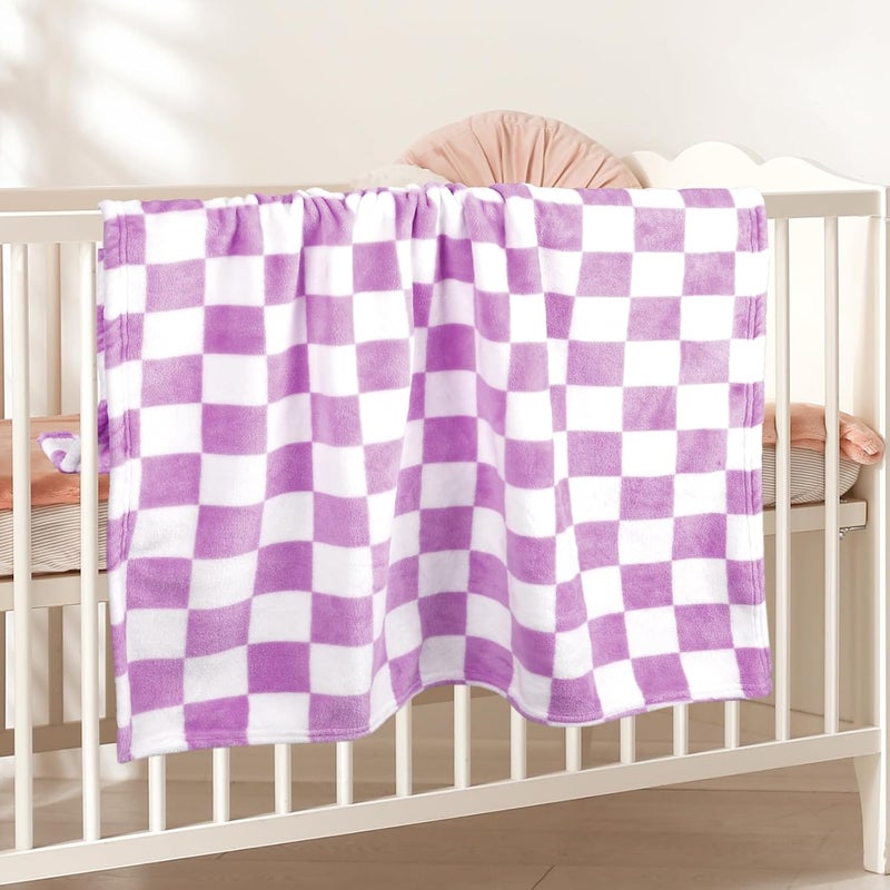 GreatBba Plush Checkered Baby Blanket for Boys Girls Nursery, 30"*40" Warm Short Fleece Blanket Neutral for Infant Newborn, Small Fuzzy for Sleeping, Chenille or Stroller (Purple&White) - Image 3